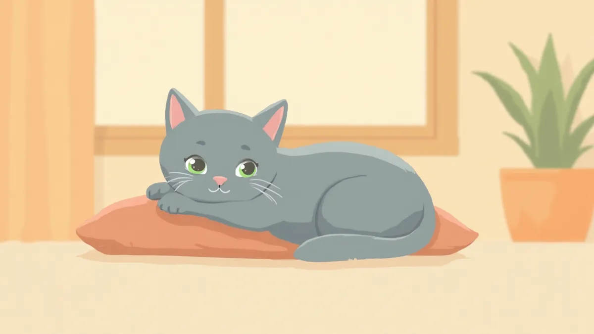 창가의 부드러운 빛 아래 쿠션 위에서 휴식하는 러시안블루