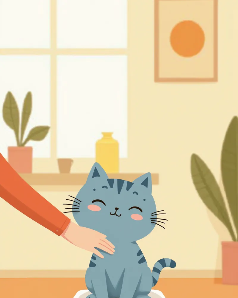 보호자가 러시안블루 고양이의 체중을 재며 건강을 확인하는 모습