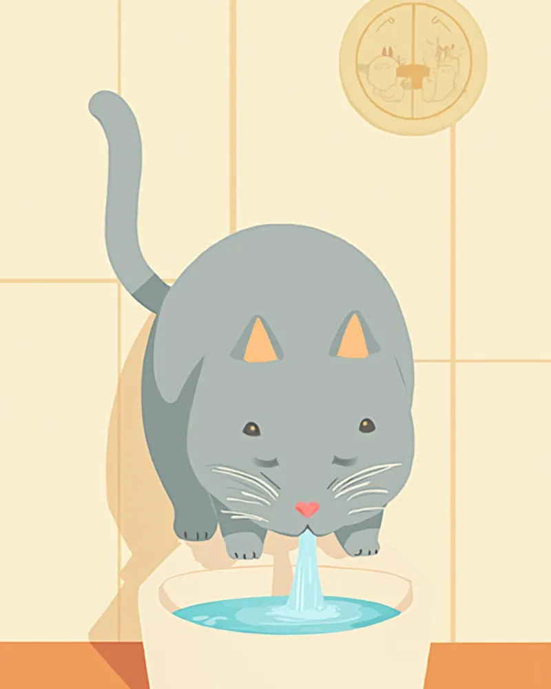 정수기에서 흐르는 물을 마시는 러시안블루 고양이