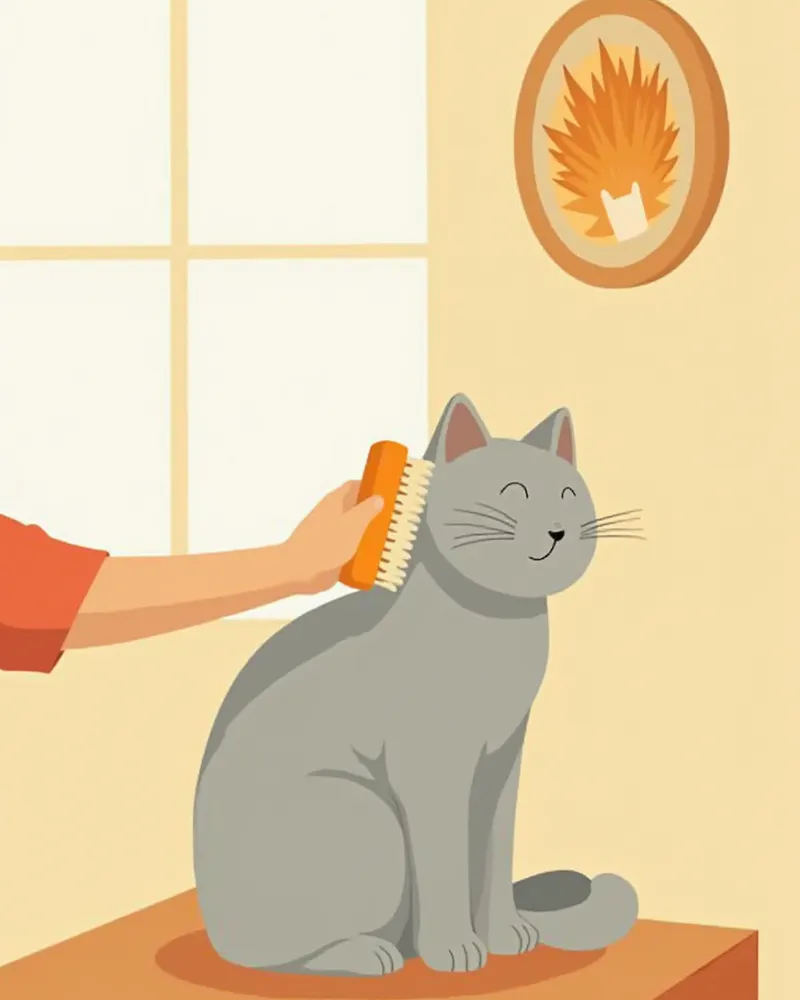 러시안블루를 부드럽게 빗질하고 있는 보호자의 손