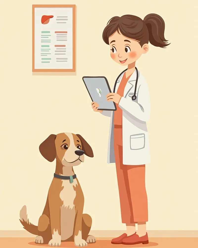 노령견의 간 수치를 검토하는 수의사 일러스트