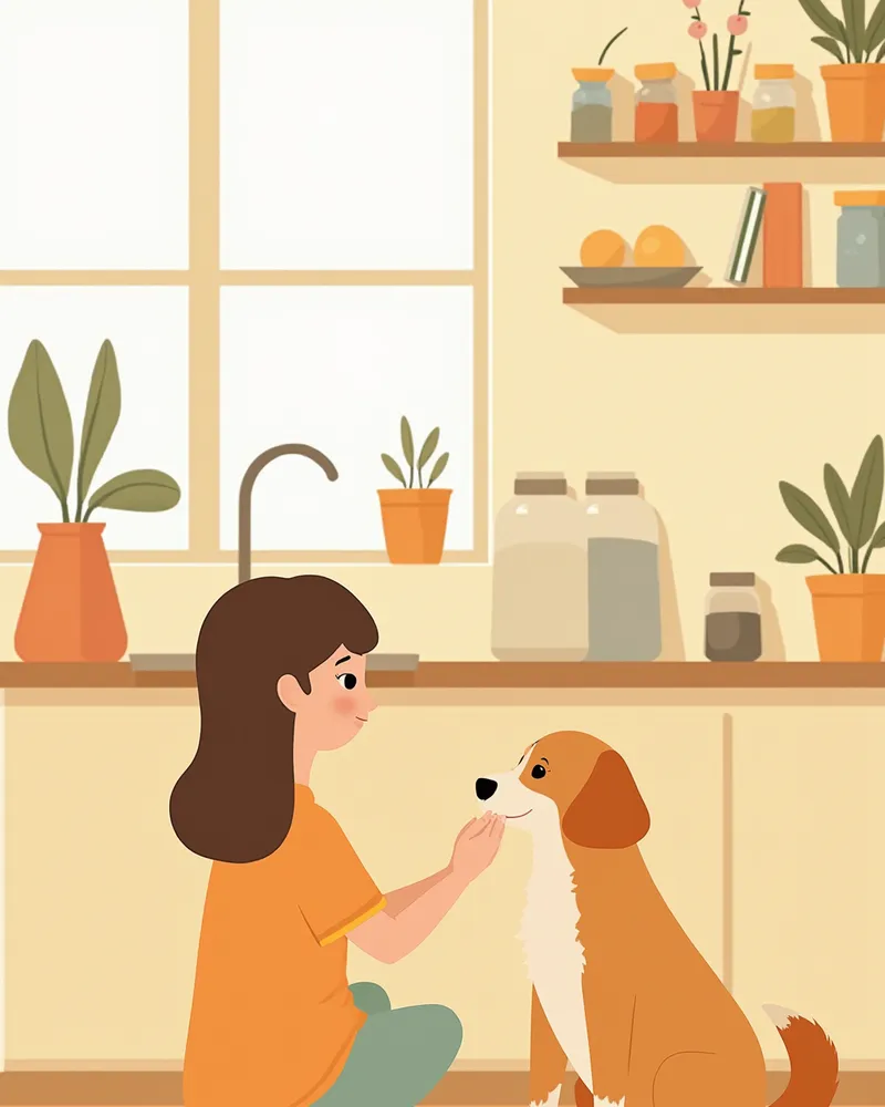 아침에 빈속 상태로 SAM-e를 급여하는 보호자 일러스트