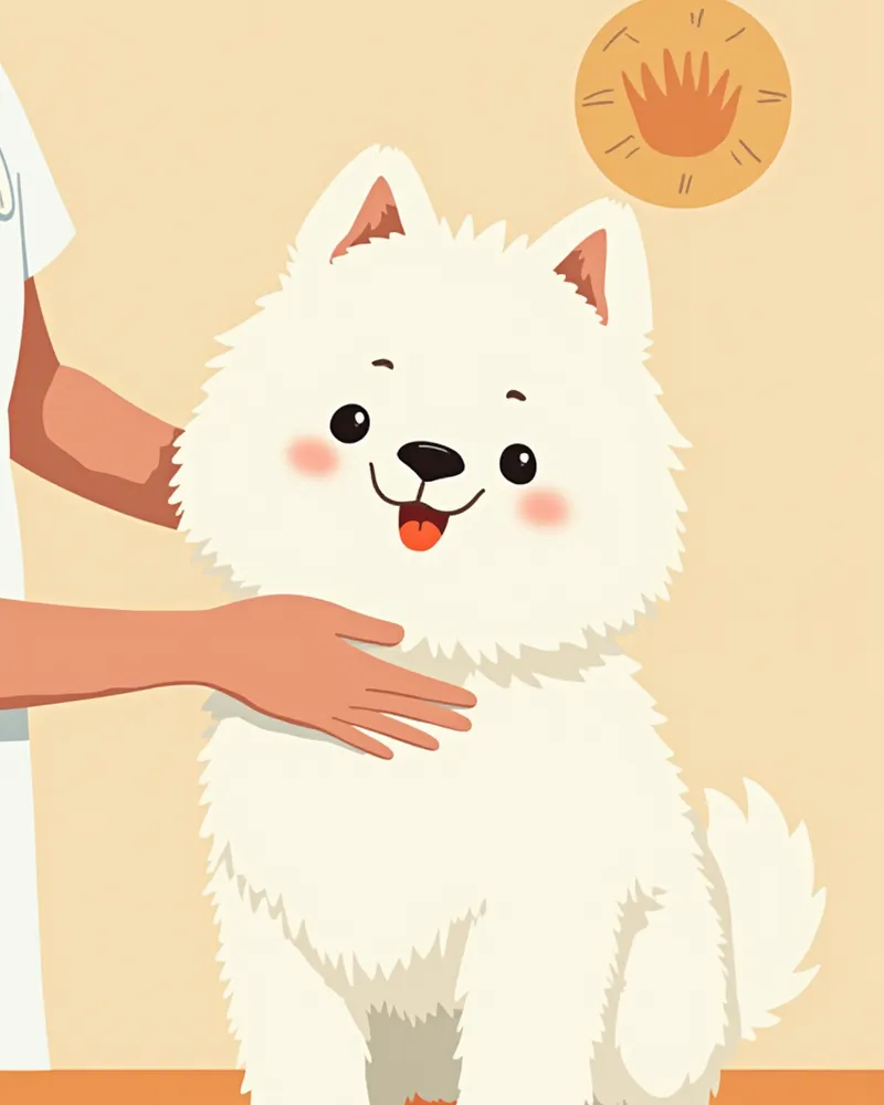 수의사가 사모예드의 피부와 털 상태를 검사하는 모습