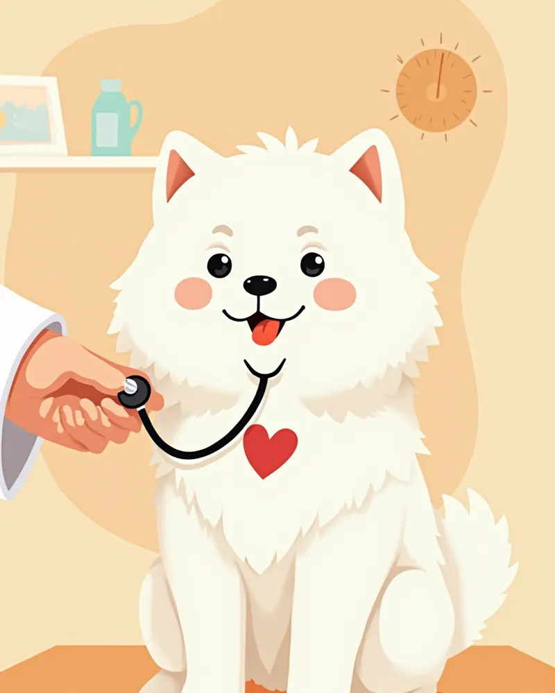 수의사가 사모예드의 심장을 청진기로 검사하는 모습