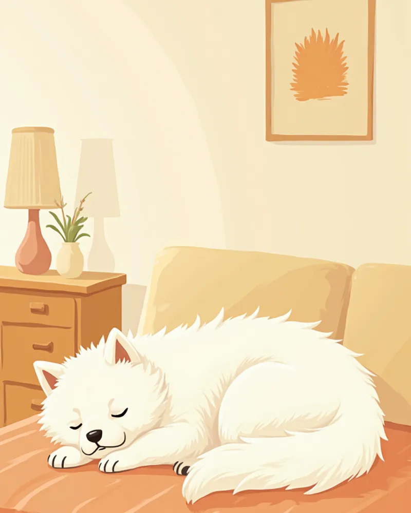 실내에서 편안하게 쉬고 있는 사모예드