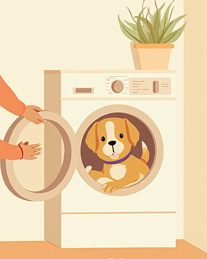 세탁기에 강아지 침구와 방석을 넣는 보호자의 손