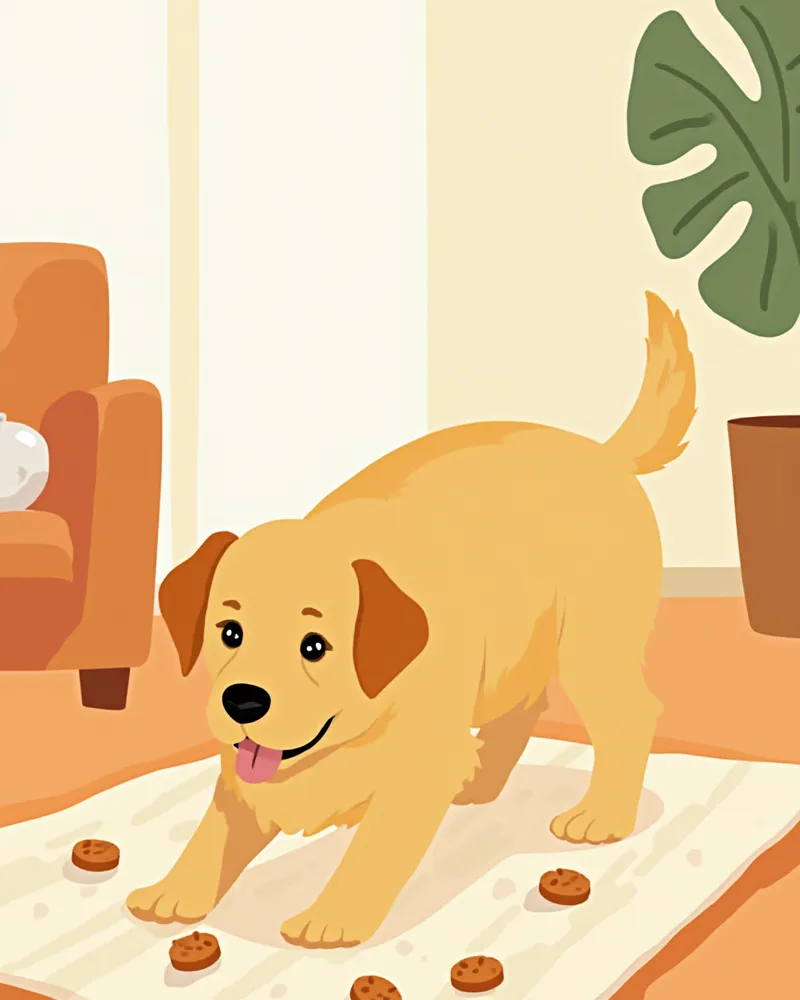 실내에서 노즈워크 매트로 간식을 찾는 골든리트리버