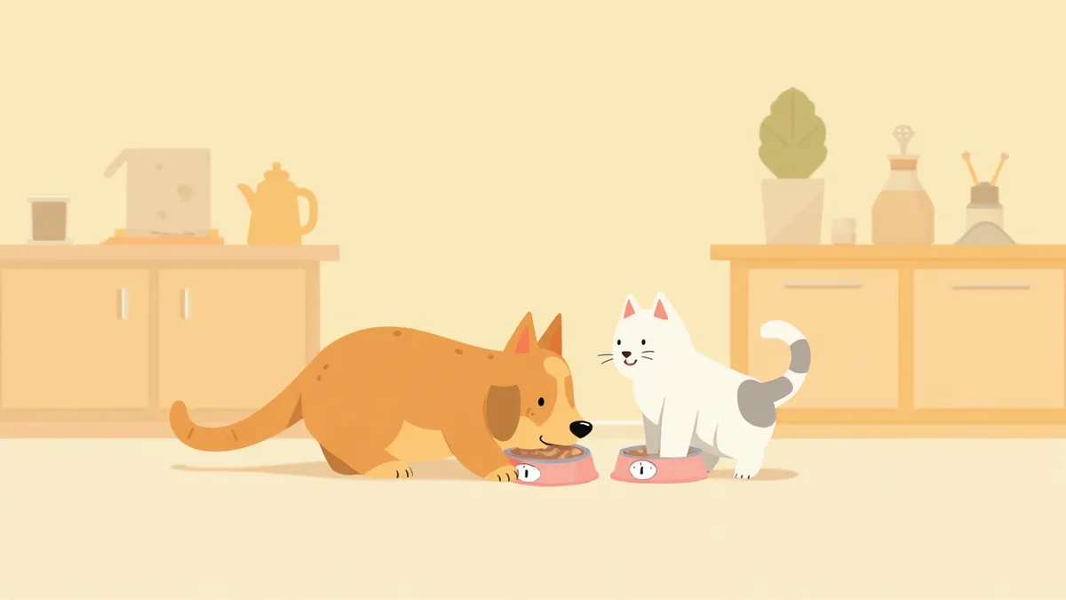 정해진 식사와 자율 급여를 비교하는 강아지와 고양이