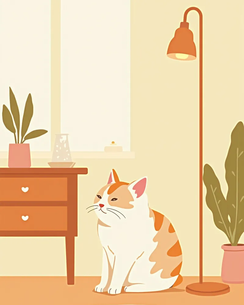 낮은 계단과 매트, 자동급수기로 꾸며진 고양이 친화적 거실