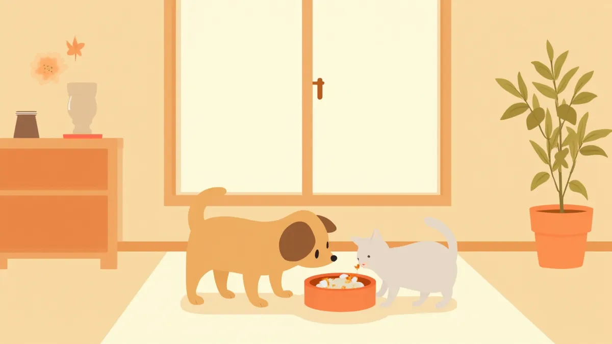 환절기에 사료를 먹고 있는 반려견과 반려묘