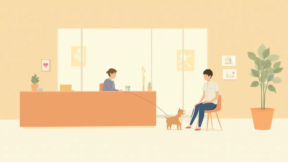 2차 동물병원 로비에서 진료를 기다리는 보호자와 반려견