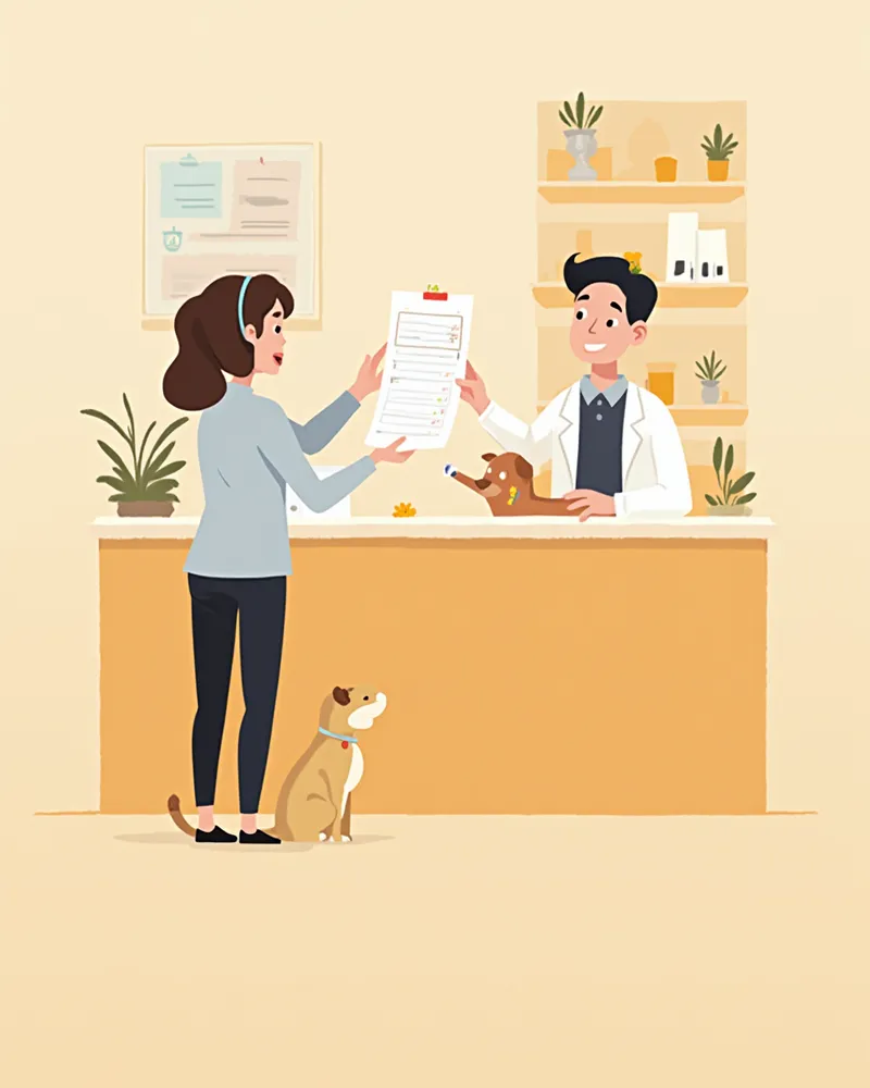 진료비 견적서를 설명하는 동물병원 스태프
