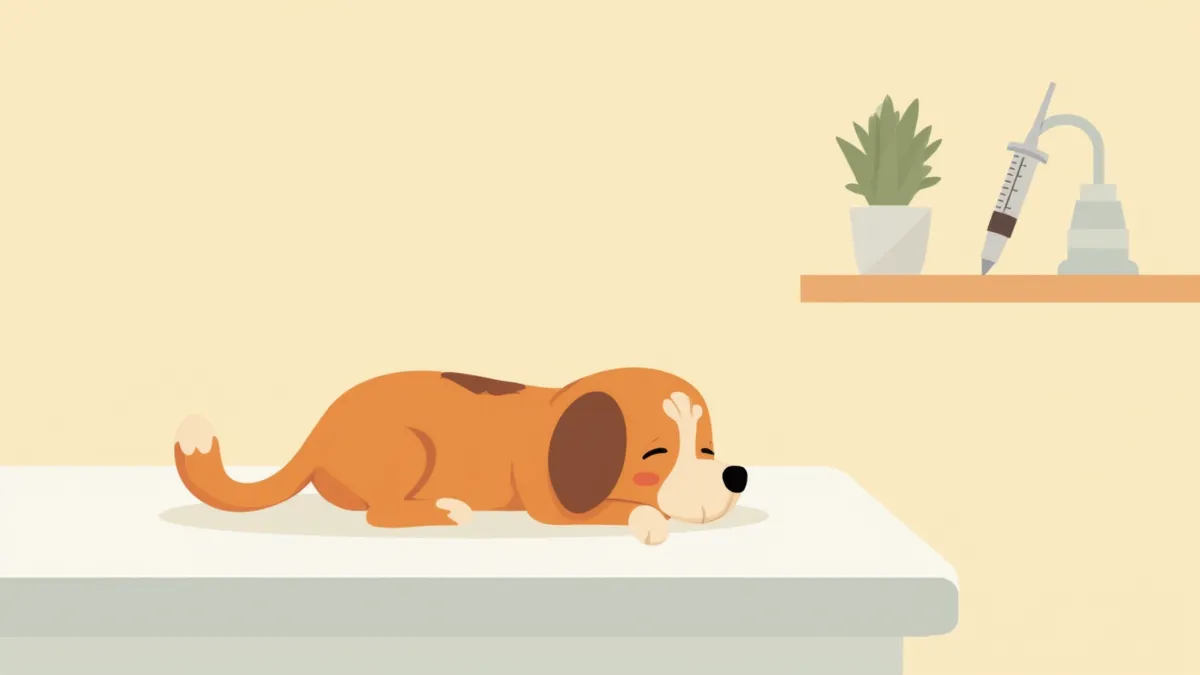 진정마취 준비 과정에서 안정된 상태로 누워 있는 반려견