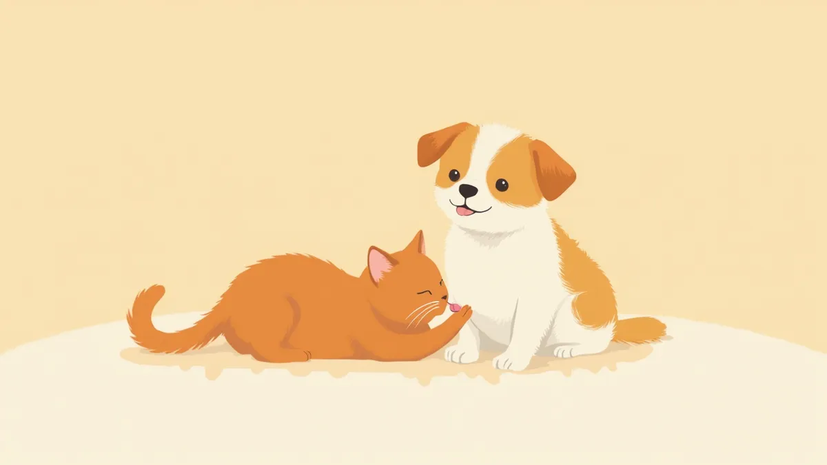 앞발을 핥는 강아지와 옆에 앉아 있는 고양이