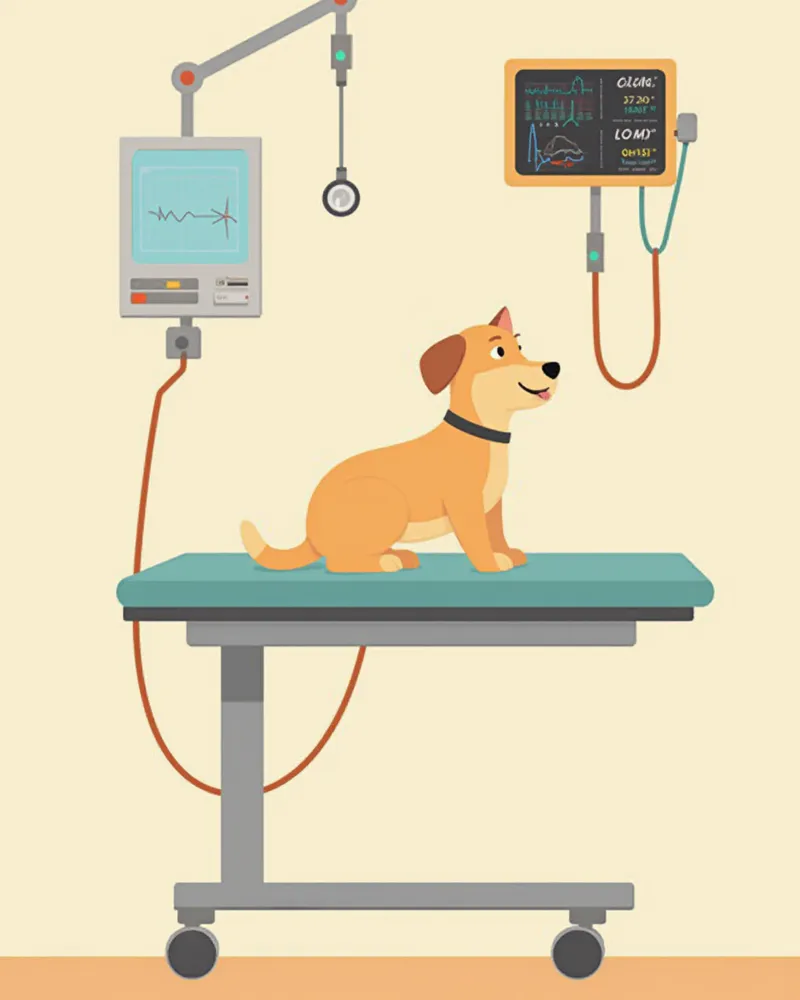 노령견 마취 유지 중 ECG·혈압·산소포화도·체온을 동시에 보여주는 모니터