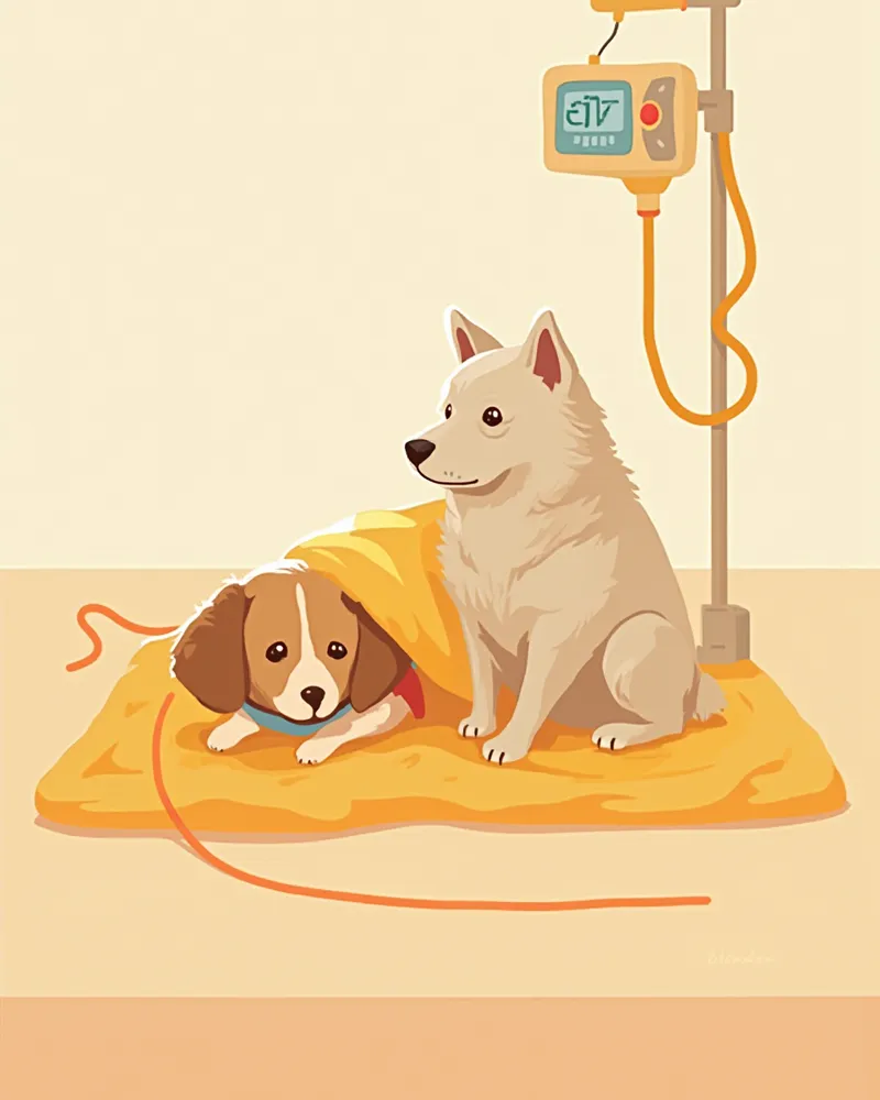 회복실에서 담요로 보온하고 산소를 공급받는 노령견을 수의 간호사가 관찰하는 모습