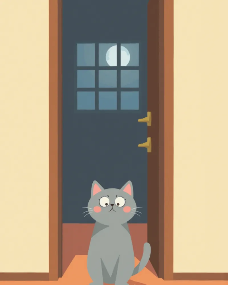 밤중에 복도에서 방향을 찾는 노령 고양이