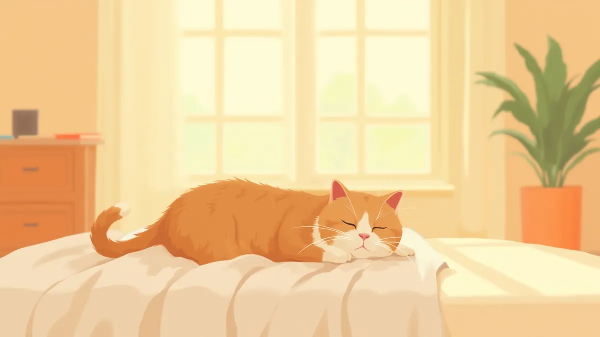 햇살 아래 담요에서 쉬고 있는 노령 고양이