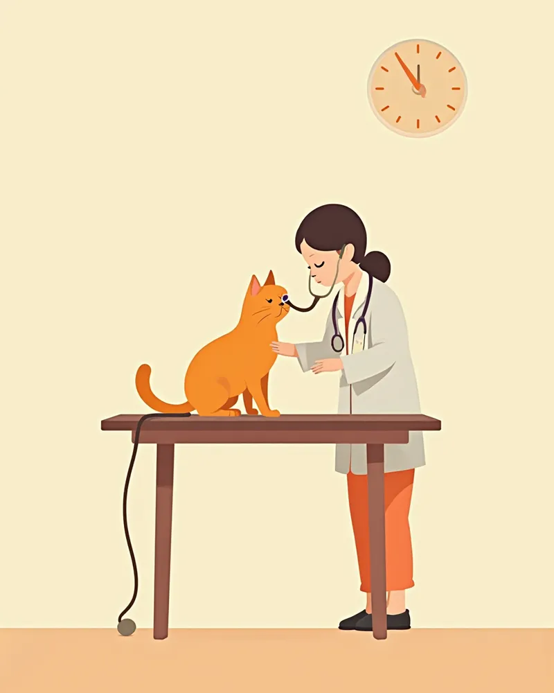 진료대 위 노령 고양이를 청진하는 수의사