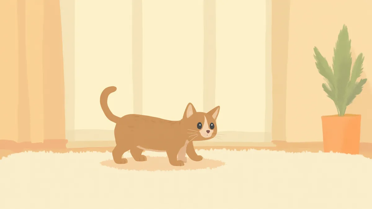 실내 러그 위를 천천히 걷고 있는 시니어 줄무늬 고양이