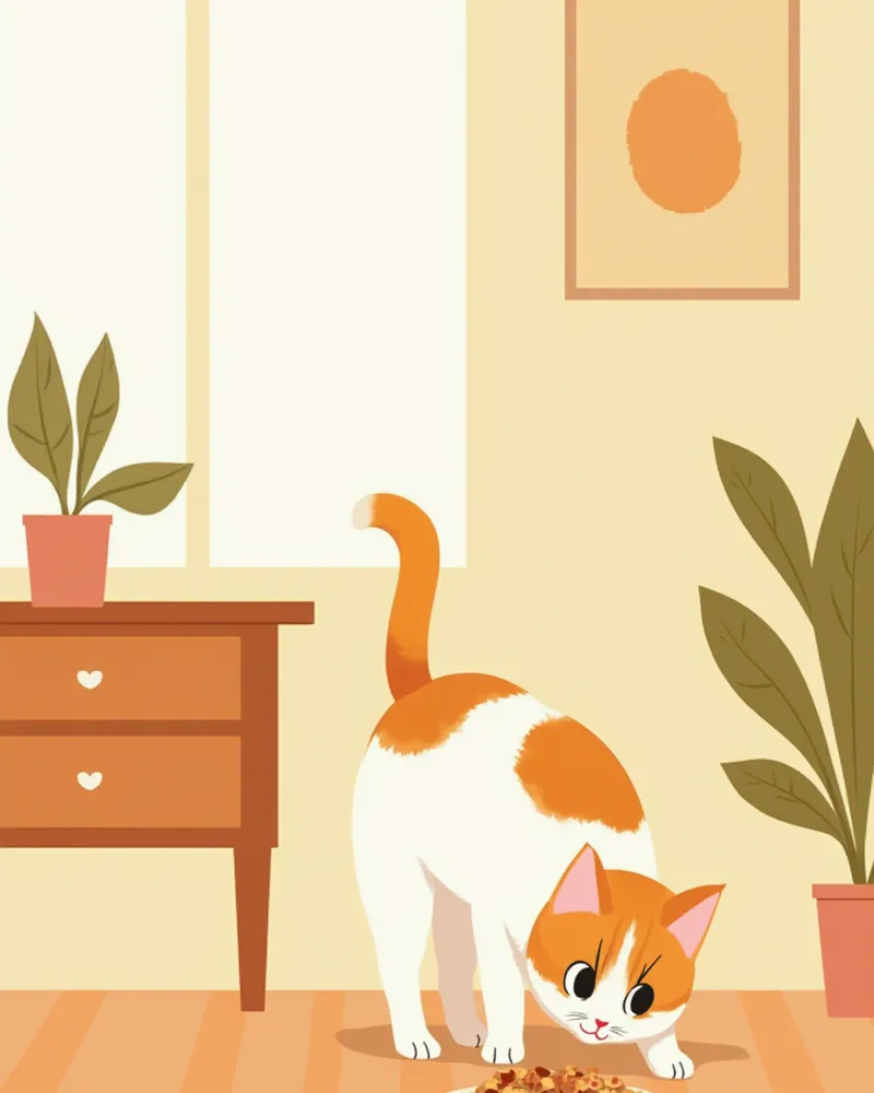 거실 바닥에서 퍼즐 피더를 탐색하는 삼색 노묘