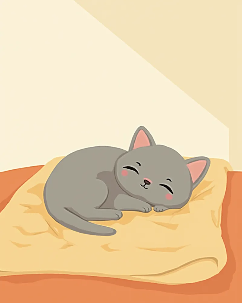 놀이 후 따뜻한 담요 위에서 쉬고 있는 회색 노묘