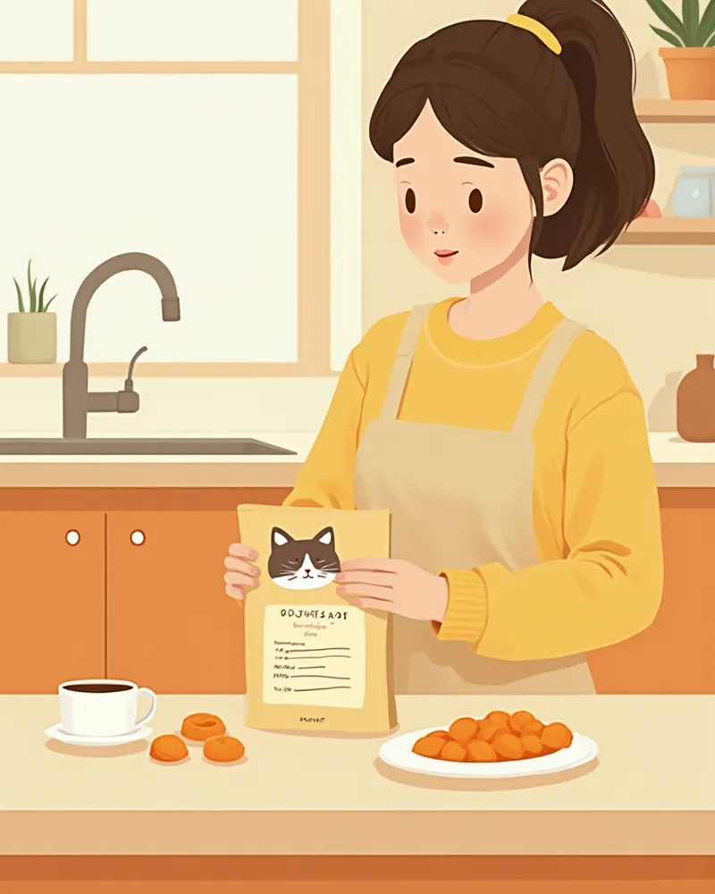 노묘 사료 성분표를 확인하는 보호자 손