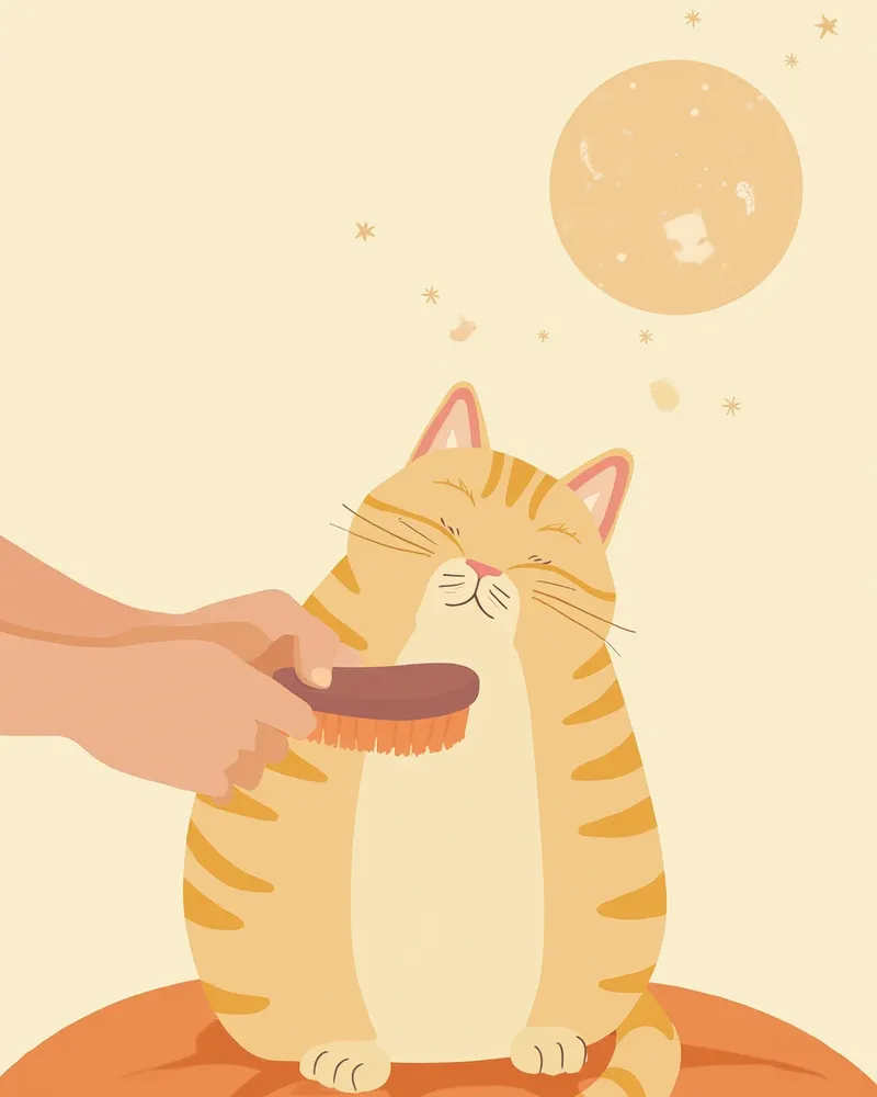 보호자가 러버 브러시로 노묘를 부드럽게 빗겨주는 모습