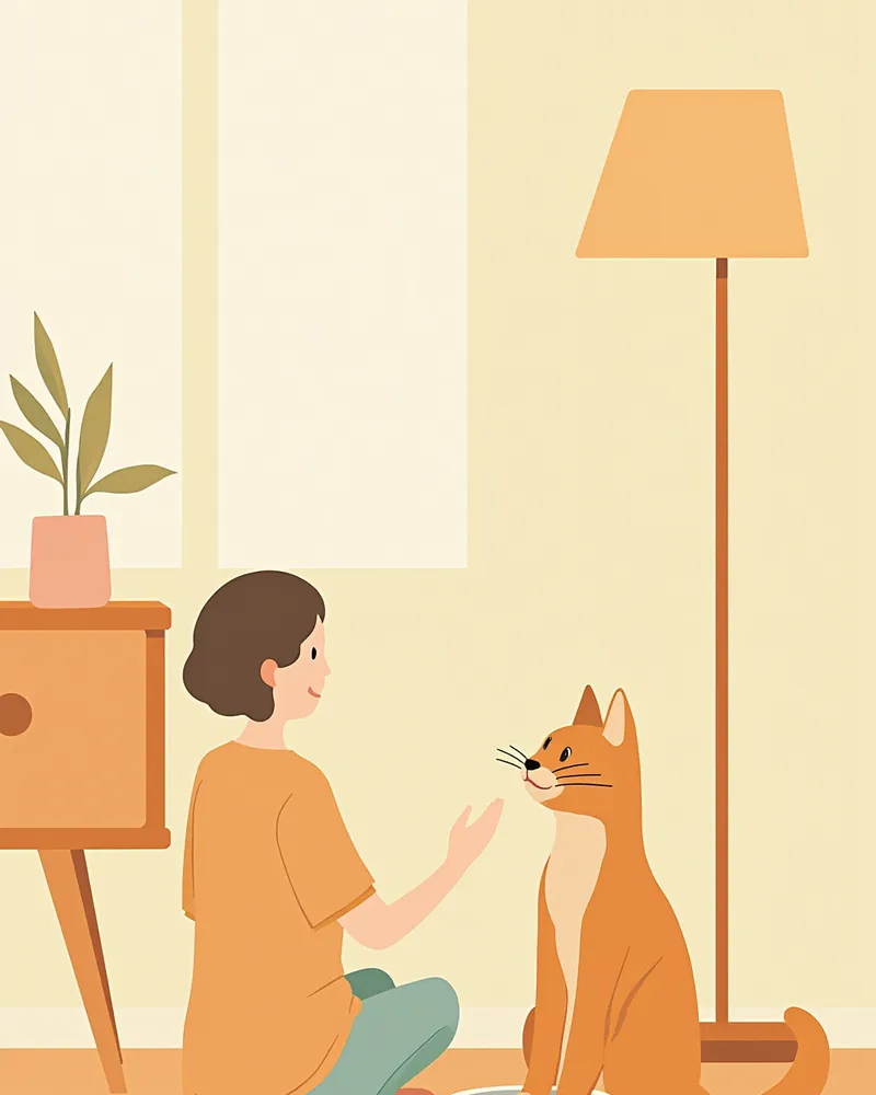 집에서 물을 마시는 노묘를 지켜보는 보호자