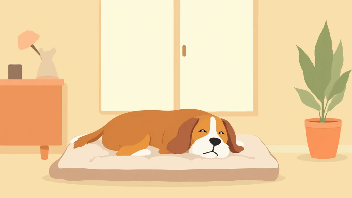 편안한 침대에서 쉬고 있는 노견 비글