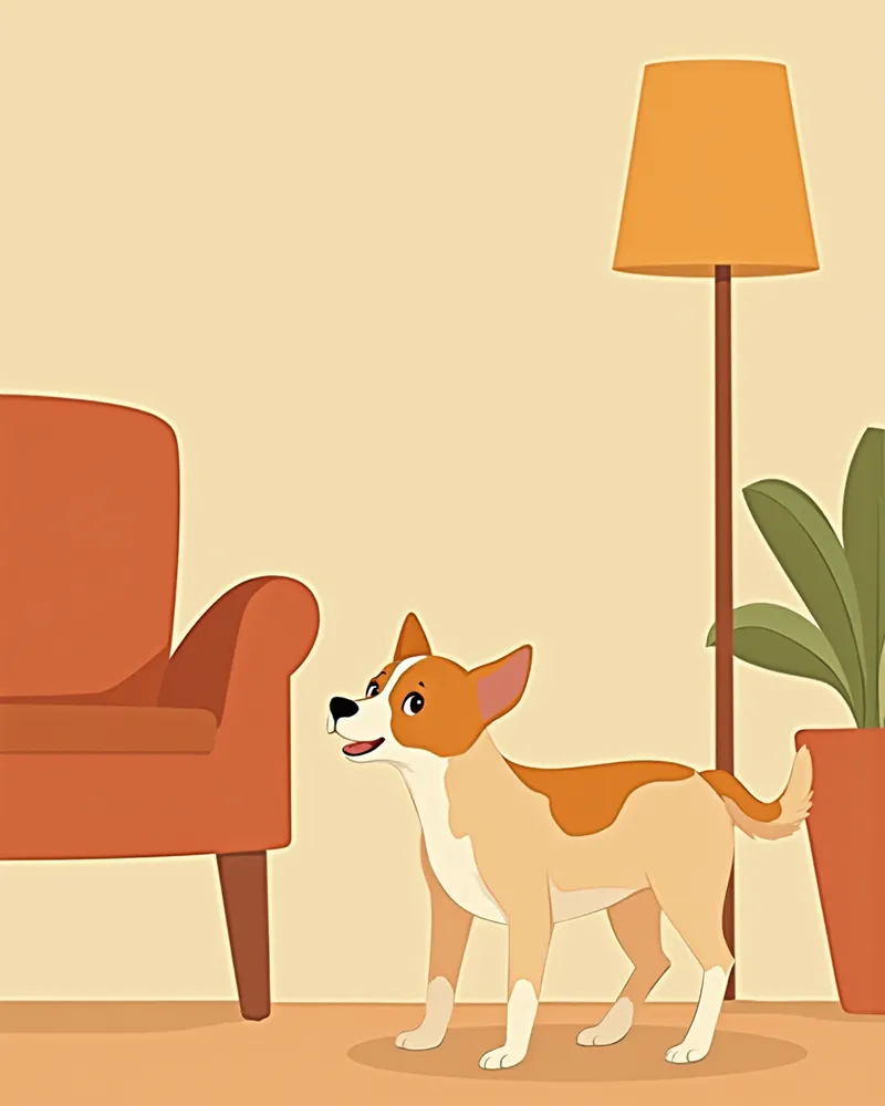 노견이 밤늦게 거실에서 서성이는 모습