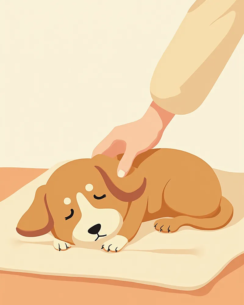 보호자가 누워 있는 노견의 얼굴을 부드럽게 쓰다듬는 모습