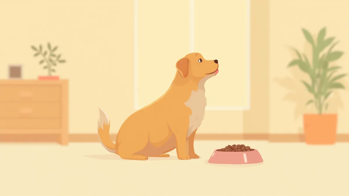 밥그릇 옆에 앉아 있는 노령 강아지