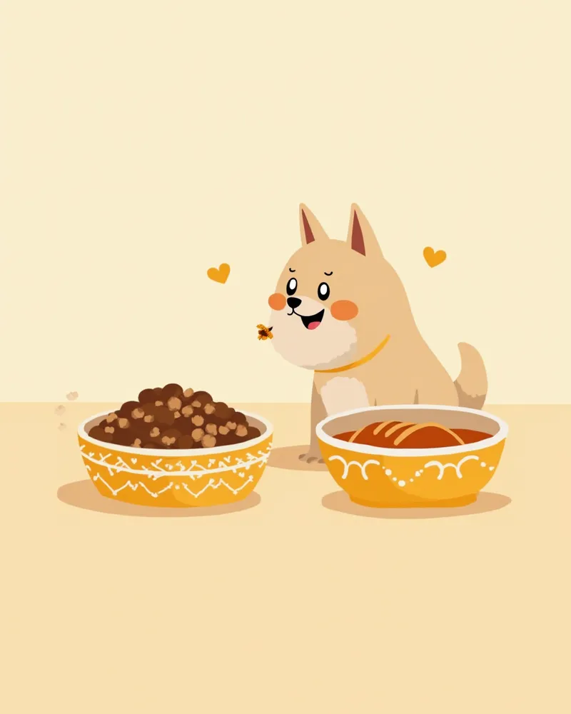 건식 사료와 습식 사료를 비교하는 노령견 일러스트