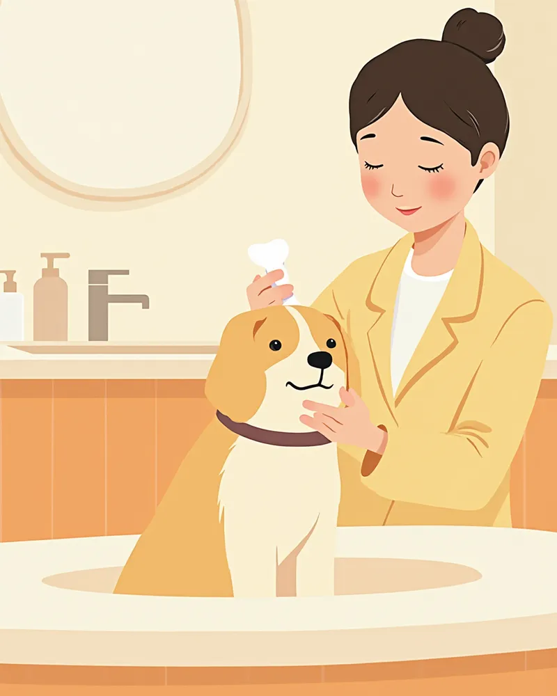 보호자가 부드럽게 노령견의 귀를 닦아주는 모습