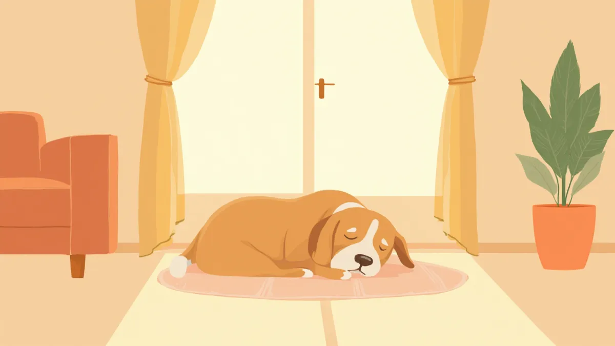 조용한 거실 구석에서 편안히 자고 있는 노령견