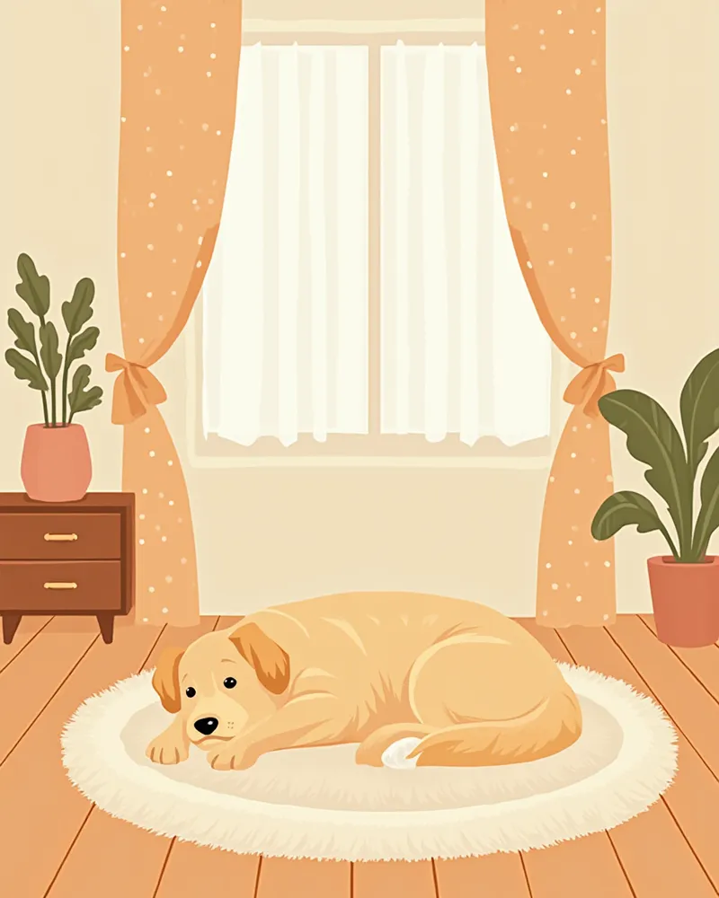 소음 흡수 러그와 커튼이 있는 아늑한 거실에서 쉬는 노령견