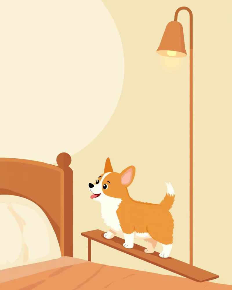 완만한 경사의 반려견용 램프를 오르는 노령견