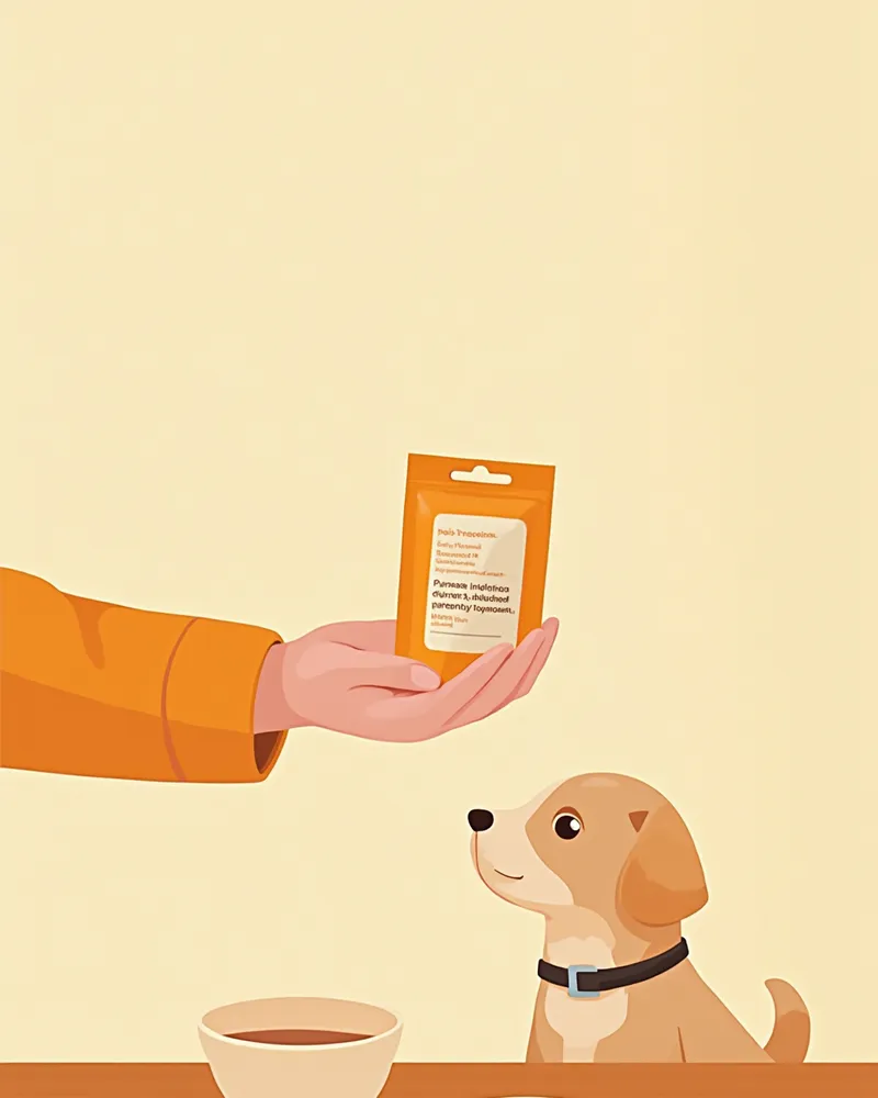 유산균 라벨을 확인하는 보호자와 노령견