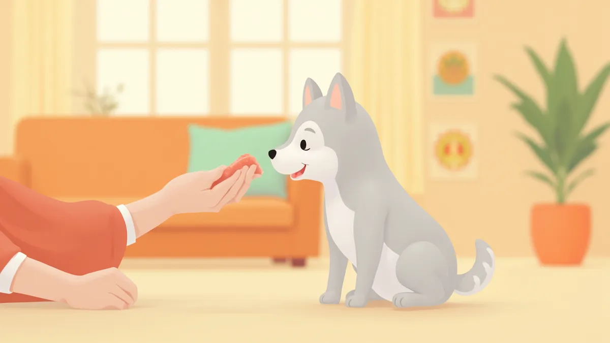 백발이 섞인 노령 강아지가 보호자 손에서 부드러운 간식을 조심스럽게 받아먹는 모습