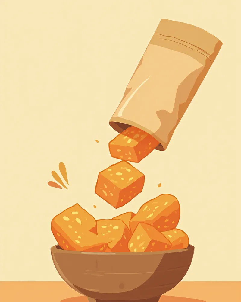 크래프트 봉투에서 쏟아진 동결건조 닭가슴살 큐브가 나무 그릇에 담겨 있는 클로즈업