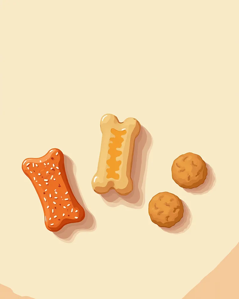 연어 큐브, 덴탈 소프트바, MCT 비스킷 세 종류의 노령견 간식이 크림색 배경에 나란히 놓여 있는 사진