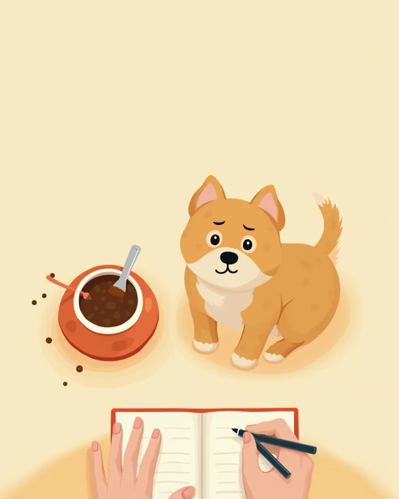 노령견의 식사량을 노트에 기록하는 보호자의 손