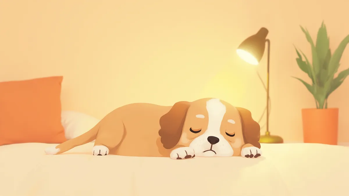 따뜻한 조명 아래 편안히 쉬는 노령견의 모습