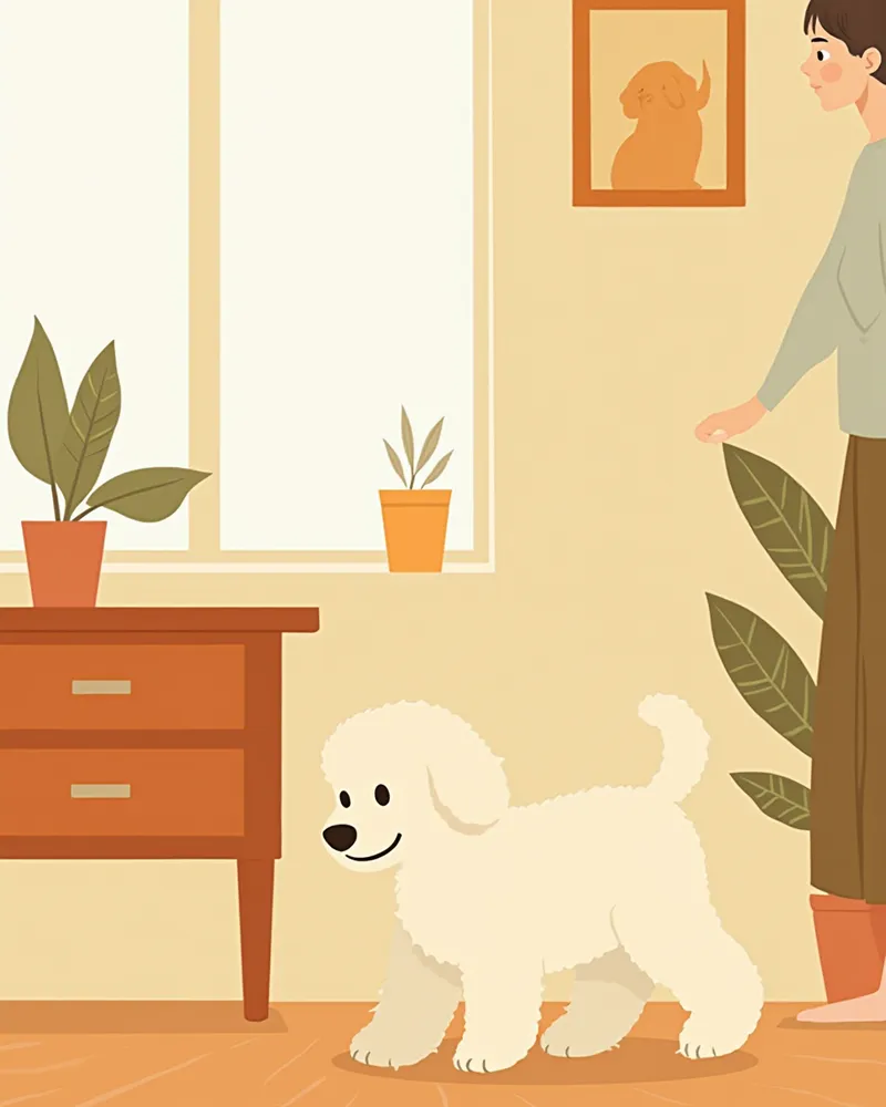 실내에서 조심스럽게 걷고 있는 시력이 떨어진 노령견