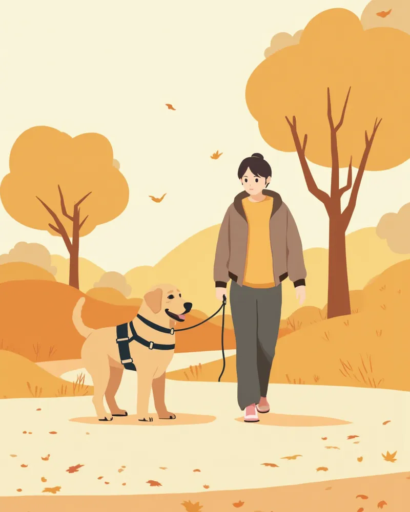 하네스를 착용하고 보호자와 천천히 산책하는 노령견