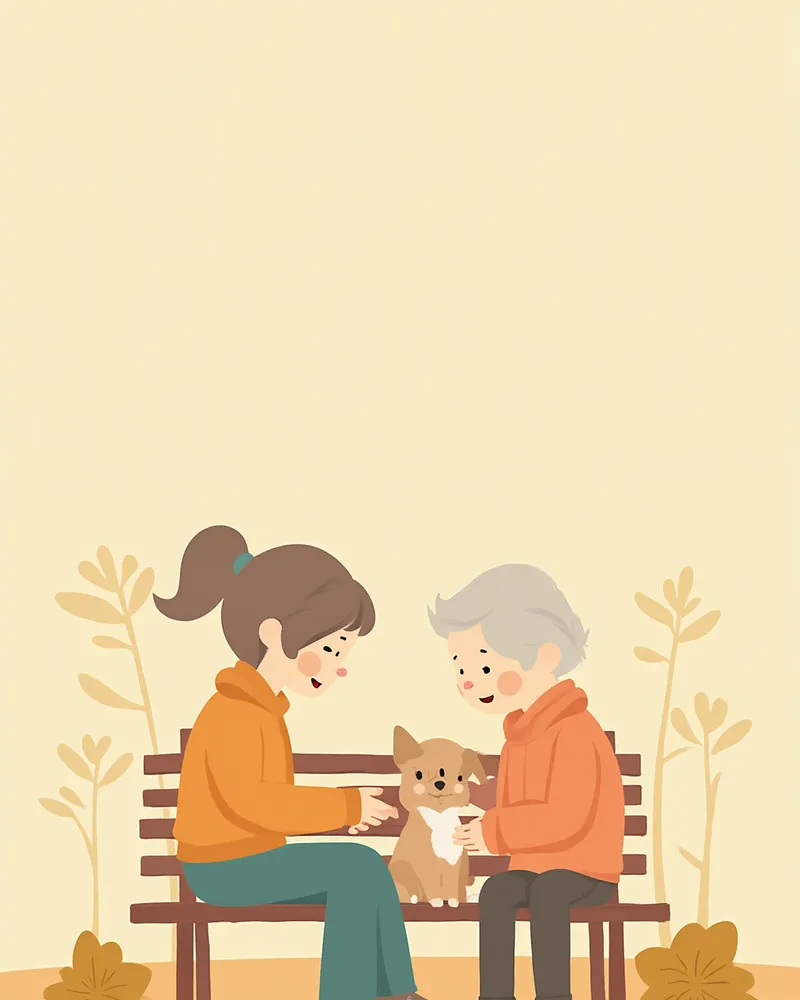 산책 중 잠시 앉아 쉬는 노령견의 상태를 살피는 보호자