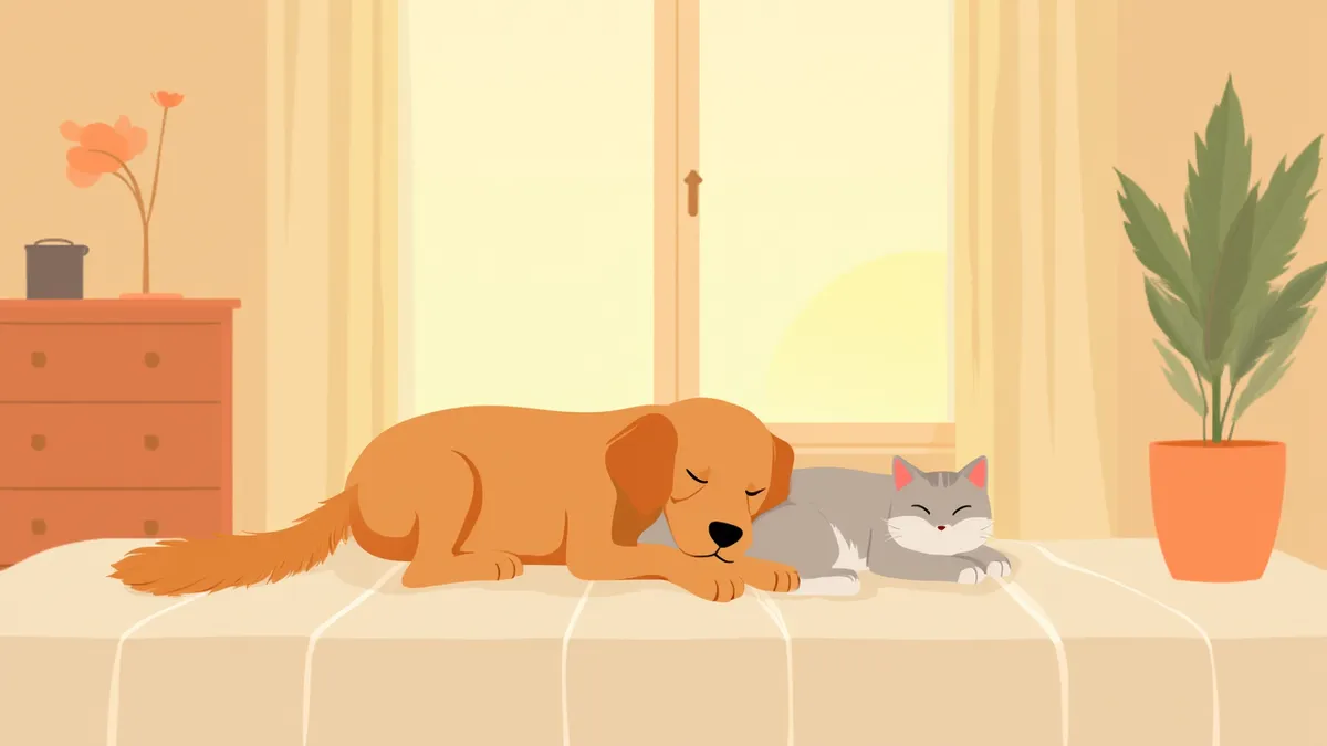 편안하게 쉬고 있는 시니어 강아지와 고양이