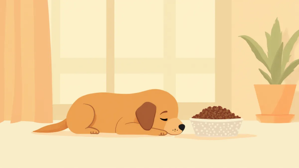 민감성 위장용 사료가 담긴 그릇 옆에 누워있는 골든리트리버 강아지