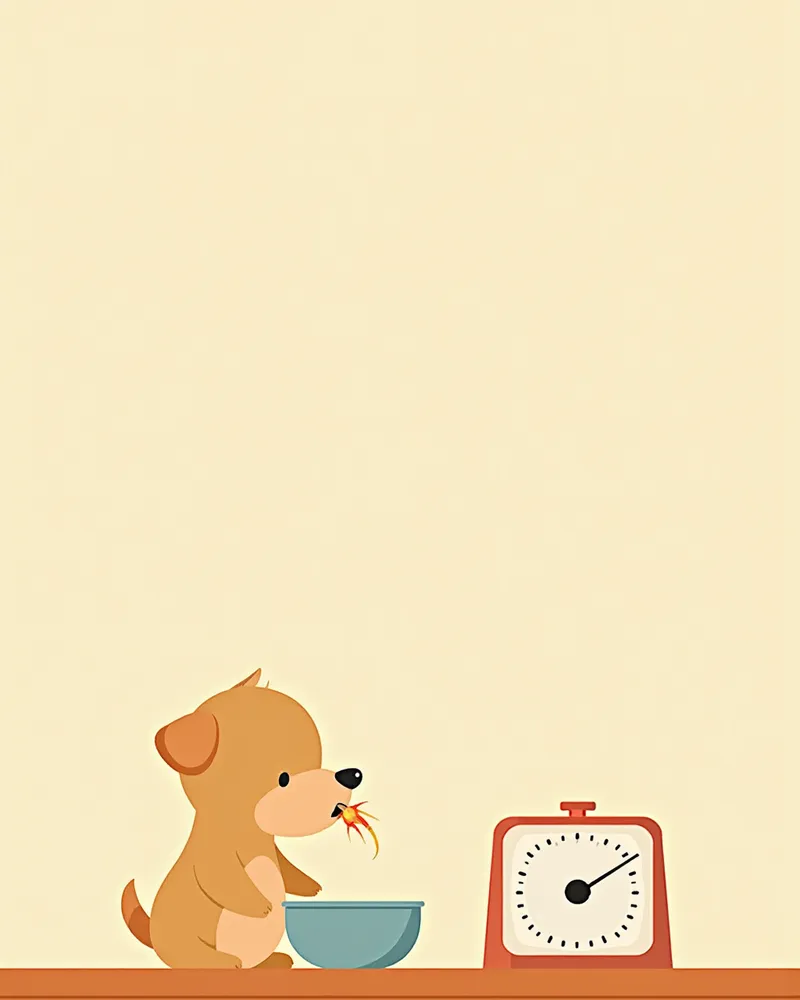 계량 그릇에서 사료를 먹고 있는 작은 강아지